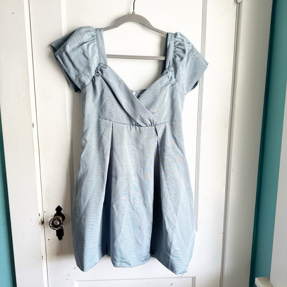REVOLVE LPA Natasha Surplice Mini Dress Dusty Blue Deep Romantic Coquette Medium